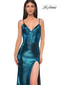Picture of: Fitted Metallic Jersey Prom Dress with Corset Style Top in Dark Teal, Style 32877, Detail Picture 19
