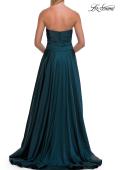 Picture of: Strapless Satin A-Line Gown with Draped Bodice and High Slit in Dark Teal, Style: 33417, Detail Picture 19