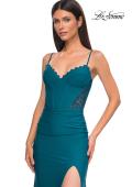 Picture of: Unique Jersey Prom Dress with Lace Panels and Scallop Neckline in Dark Teal, Style 32983, Detail Picture 1