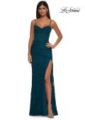 Picture of: Stretch Lace Prom Dress with Illusion Back and Sides in Dark Teal, Style: 32529, Detail Picture 2