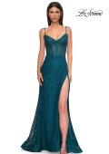 Picture of: Stretch Satin Prom Dress with Eyelet Detail Neckline in Dark Teal, Style 32671, Detail Picture 2