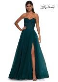 Picture of: A-line Tulle Gown with Lace Corset Bodice and Slit in Dark Teal, Style: 32579, Detail Picture 3
