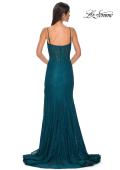 Picture of: Stretch Satin Prom Dress with Eyelet Detail Neckline in Dark Teal, Style 32671, Detail Picture 3