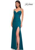 Picture of: Unique Jersey Prom Dress with Lace Panels and Scallop Neckline in Dark Teal, Style 32983, Detail Picture 4