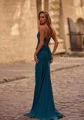 Picture of: Lace and Ruched Jersey Prom Dress with Deep V Neckline in Dark Teal, Style 33001, Detail Picture 4