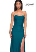 Picture of: Jersey Long Prom Dress with Ruching and Chic Rhinestone Neckline in Dark Teal, Style 32756, Detail Picture 5