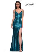 Picture of: Brushed Metallic Jersey Simple Prom Dress with Ruching in Dark Teal, Style 32812, Detail Picture 5