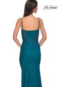 Picture of: Unique Jersey Prom Dress with Lace Panels and Scallop Neckline in Dark Teal, Style 32983, Detail Picture 5