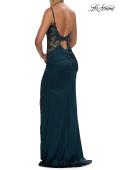 Picture of: Rhinestone Sheer Lace Bodice Prom Dress with High Slit in Dark Teal, Style: 33624, Detail Picture 5