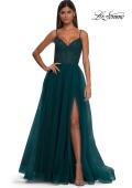Picture of: Beautiful A-line Tulle Dress with Eyelet Neckline and Lace Top in Dark Teal, Style: 32594, Detail Picture 6