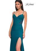 Picture of: Unique Jersey Prom Dress with Lace Panels and Scallop Neckline in Dark Teal, Style 32983, Detail Picture 6