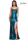 Picture of: Simple Metallic Jersey Dress with Draped Neckline and Low Back in Dark Teal, Style 32782, Detail Picture 7