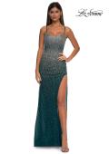 Picture of: Fitted Net Dress with Rhinestones and U Slit in Dark Teal, Style: 32840, Detail Picture 7