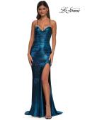 Picture of: Long Metallic Prom Dress with Ruching and Rhinestone Draped Neckline in Dark Teal, Style: 33032, Detail Picture 7