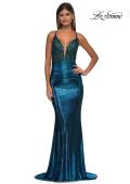 Picture of: Ruched Prom Dress with Metallic Lace and Fabric in Dark Teal, Style: 33059, Detail Picture 7