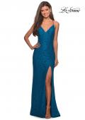 Picture of: Form Fitting Lace Dress with V Neckline and Slit in Dark Turquoise, Style: 27614, Detail Picture 3