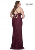 Picture of: Ruched Jersey Plus Dress with Lace Up Back in Dark Wine, Style: 32195, Detail Picture 2