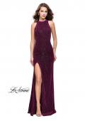 Picture of: Beaded Velvet Patterned Long Prom Dress with Slit in Burgundy, Style: 26116, Detail Picture 2