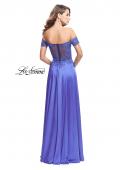 Picture of: A-line Off the Shoulder Satin Dress with Beaded Lace Bodice in Dark Periwinkle, Style: 25694, Back Picture