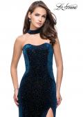Picture of: Long Strapless Velvet Prom Gown with Cascading Beads in Dark Teal, Style: 26239, Detail Picture 1