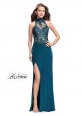 Picture of: Sheer Lace and Beaded Prom Dress with High Neck in Dark Teal, Style: 26038, Detail Picture 2