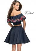 Picture of: Denim Two Piece Dress with Floral Detail and Pockets in Dark Wash, Style: 26627, Back Picture