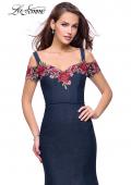 Picture of: Denim Off the Shoulder Dress with Floral Applique in Dark Wash, Style: 25753, Main Picture