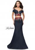Picture of: Denim Two Piece Prom Dress with Floral Applique in Dark Wash, Style: 25848, Main Picture