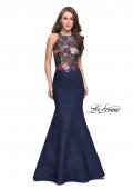 Picture of: High Neck Denim Mermaid Gown with Floral Print in Dark Wash, Style: 25885, Main Picture