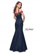 Picture of: Denim Off the Shoulder Dress with Floral Applique in Dark Wash, Style: 25753, Back Picture
