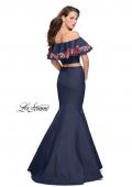 Picture of: Two Piece Denim Dress with Floral and Ruffle Detail in Dark Wash, Style: 26013, Back Picture