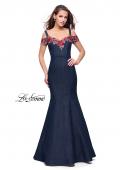Picture of: Denim Off the Shoulder Dress with Floral Applique in Dark Wash, Style: 25753, Detail Picture 1