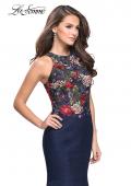 Picture of: High Neck Denim Mermaid Gown with Floral Print in Dark Wash, Style: 25885, Detail Picture 1