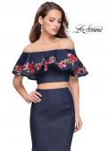 Picture of: Two Piece Denim Dress with Floral and Ruffle Detail in Dark Wash, Style: 26013, Detail Picture 1