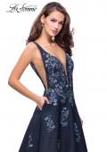 Picture of: Denim A-line Ball Gown with Floral Embellishments in Dark Wash, Style: 26265, Detail Picture 1
