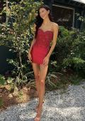 Picture of: Strapless Lace Applique Corset Cocktail Dress in Deep Red, Style 33242, Detail Picture 10