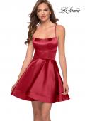 Picture of: Satin Fit and Flare Short Dress with Lace Up Open Back in Deep Red, Style: 29342, Detail Picture 1