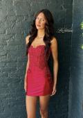 Picture of: Strapless Lace Applique Corset Cocktail Dress in Deep Red, Style 33242, Detail Picture 7