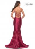 Picture of: Liquid Jersey Mermaid Gown with Lace Up Back in Deep Red, Style: 31295, Back Picture