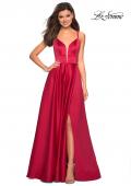 Picture of: Long Satin Formal Gown with Leg Slit and Strappy Back in Deep Red, Style: 26994, Detail Picture 2