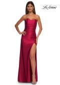 Picture of: Strapless Stretch Satin Dress with Sheer Corset Back in Deep Red, Style: 32649, Detail Picture 7