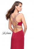 Picture of: Long Jersey Prom Dress with Metallic Beading and Slit in Deep Red, Style: 25623, Back Picture