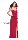 Picture of: Long Jersey Prom Dress with Metallic Beading and Slit in Deep Red, Style: 25623, Detail Picture 1