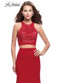 Picture of: Two Piece Jersey Prom Dress with Laser Cut Outs in Deep Red, Style: 25759, Detail Picture 2