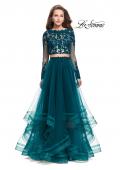 Picture of: Long Two Piece Prom Dress with Tulle Skirt and Lace Top in Deep Teal, Style: 25300, Detail Picture 1