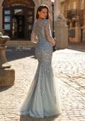 Picture of: Lace Tulle Mermaid Gown with Illusion Sleeves in Dusty Blue, Style: 31799, Back Picture