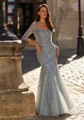 Picture of: Lace Tulle Mermaid Gown with Illusion Sleeves in Dusty Blue, Style: 31799, Detail Picture 1