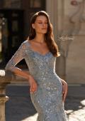 Picture of: Lace Tulle Mermaid Gown with Illusion Sleeves in Dusty Blue, Style: 31799, Detail Picture 4