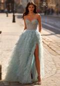 Picture of: Soft Ruffle Tulle Gown with an Illusion Corset Style Top in Dusty Blue, Style 32528, Main Picture