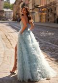 Picture of: Soft Ruffle Tulle Gown with an Illusion Corset Style Top in Dusty Blue, Style 32528, Back Picture